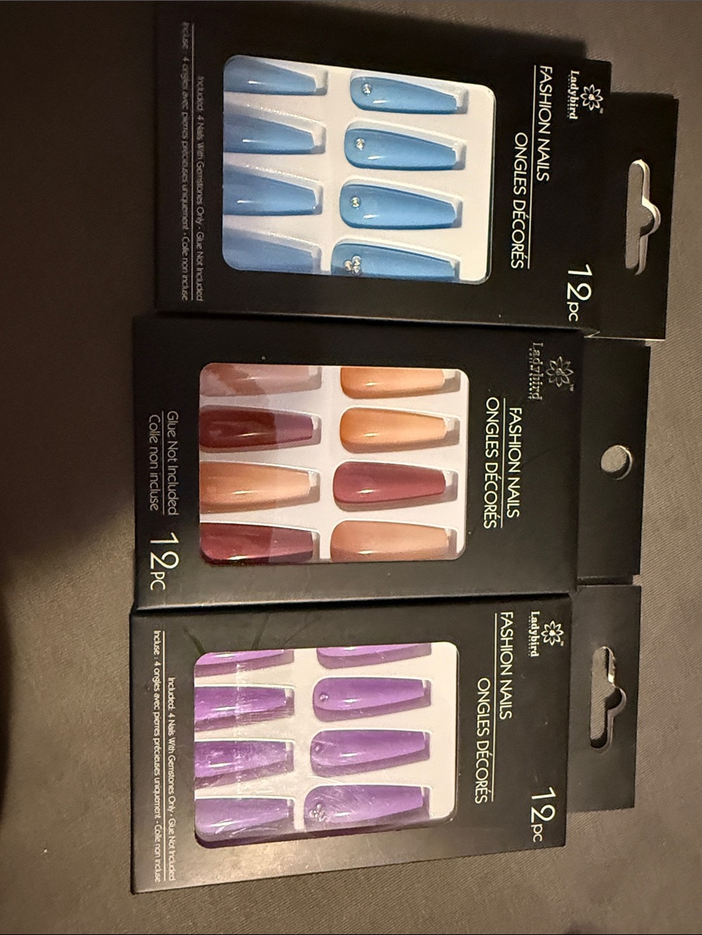 3-Pack Fashion Press-On Nails Set — Blue, Peach, Purple